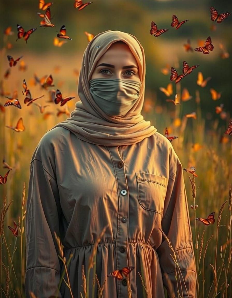 A Muslim Woman Stands Serenely Amidst a Whirling Dance of Bu...