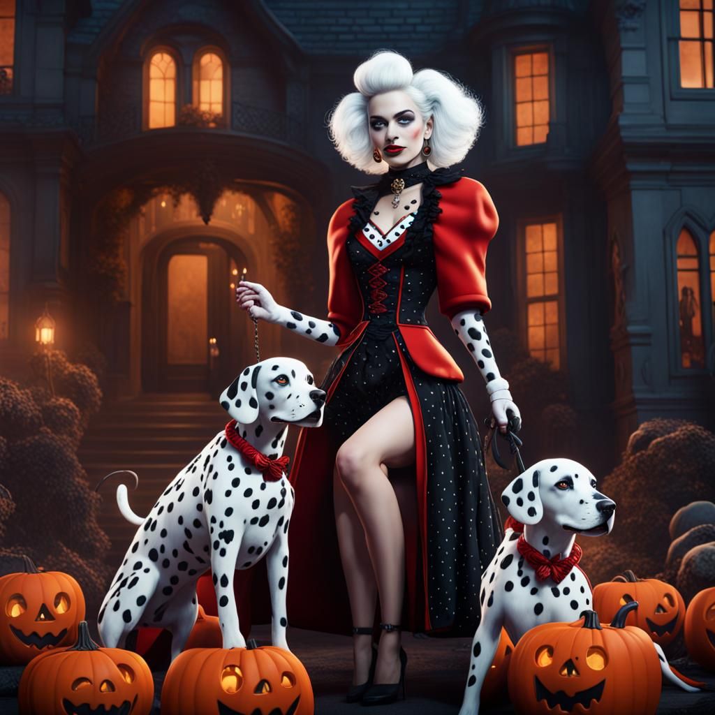 Intricate details of cruela deville trick or treating with dalmatian puppies
