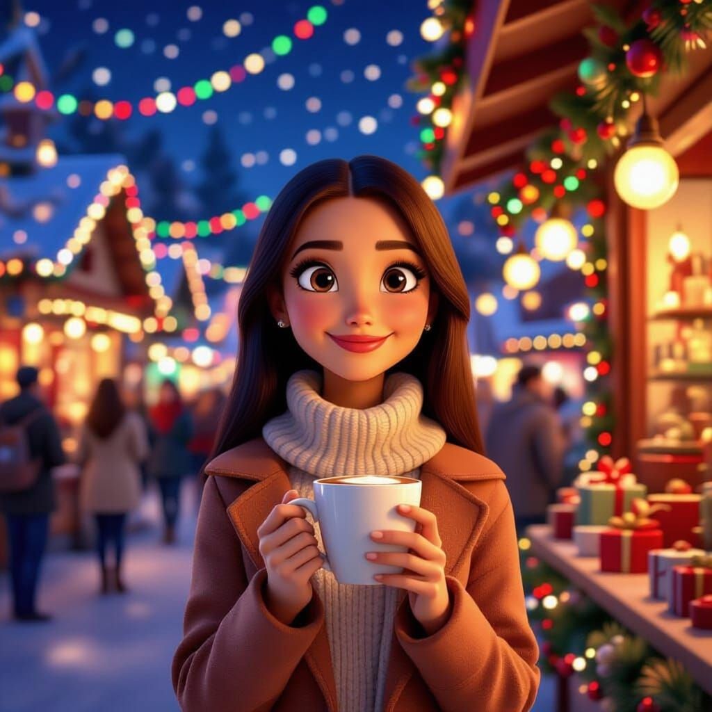 Pixar-Style Christmas Market Scene at Night
