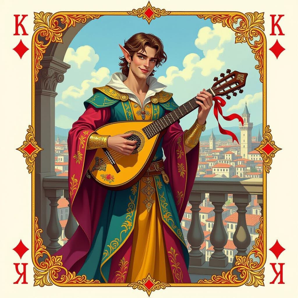King of Diamonds as Charismatic Bard in Medieval City
