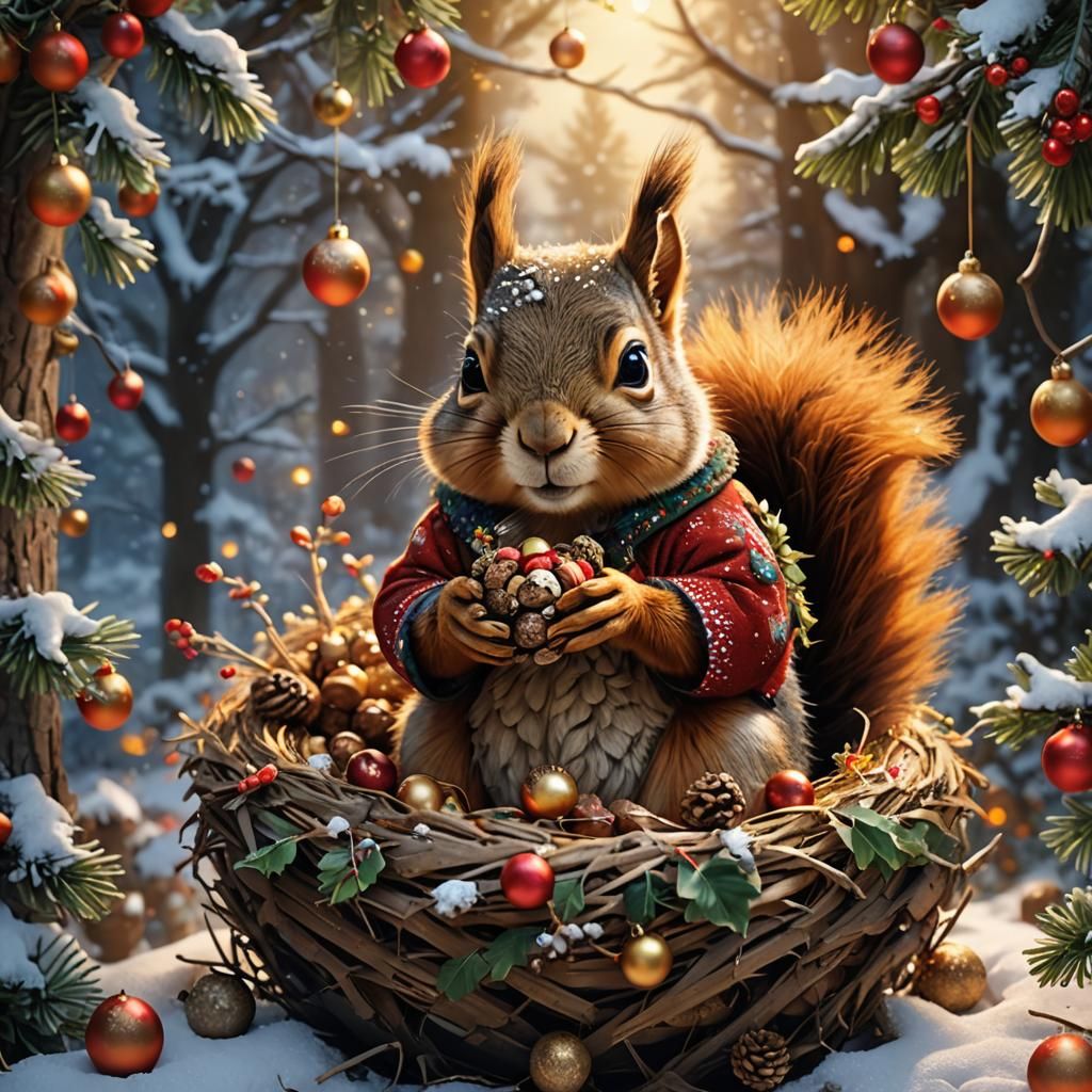 Festive Squirrel in Nest: Digital Matte Painting