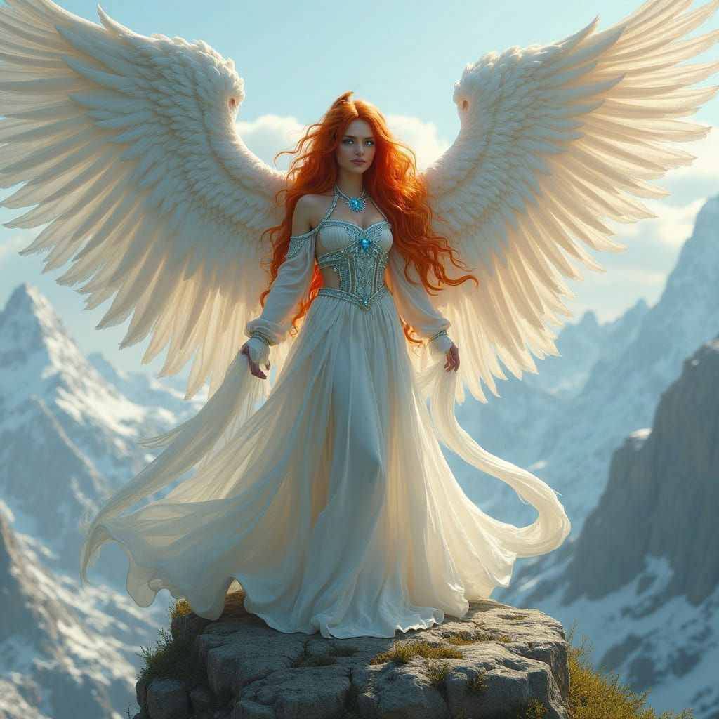 Ethereal Aasimar Goddess on Mountain Peak with Radiant Wings