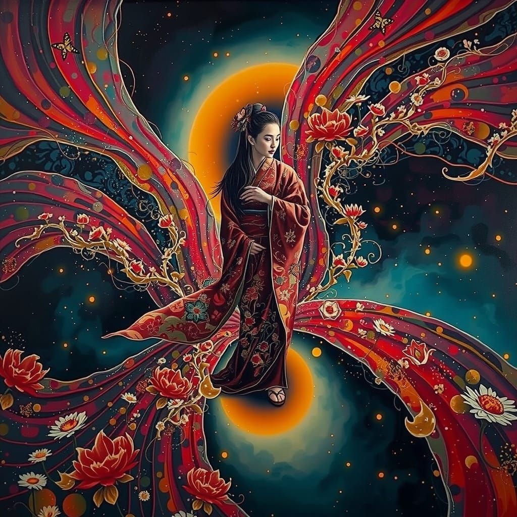 Elegant Geisha in Crimson Kimono Among Luminous Flora