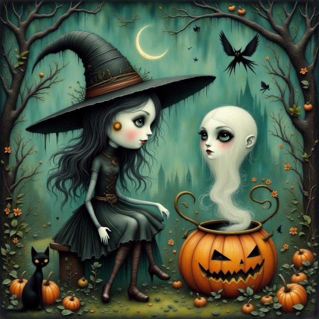 Halloween Witch Casting Spell in Spooky Forest