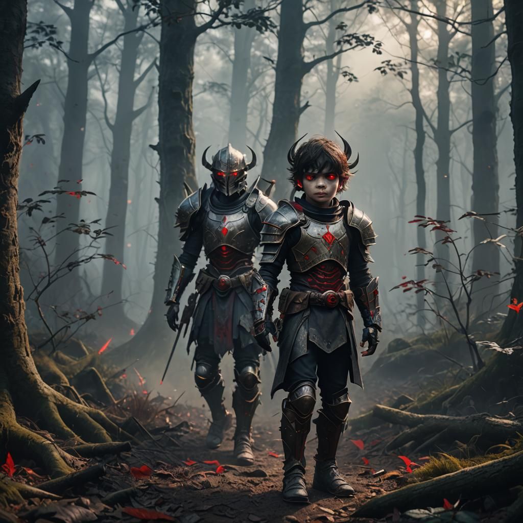 Armored Child with Red Eyes in Foggy Forest