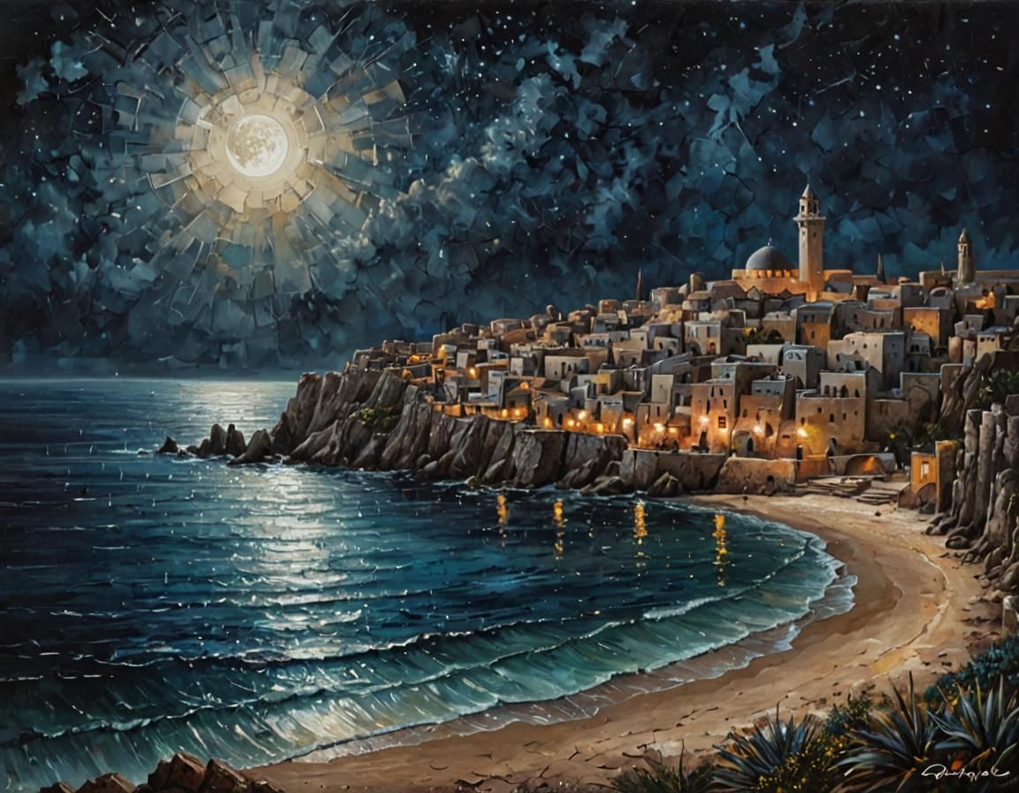 Mediterranean Town Acrylic Painting Under Starry Moonlight