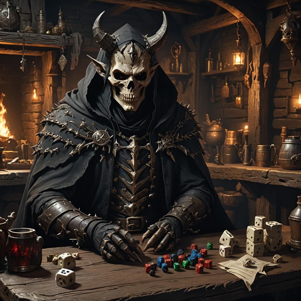 Skeletal Devil Gambling in Tavern, Dark Fantasy