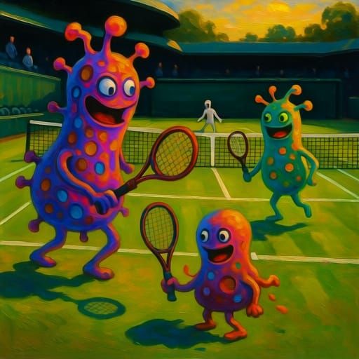 Whimsical Microbes Play Tennis in Surreal Oil Painting