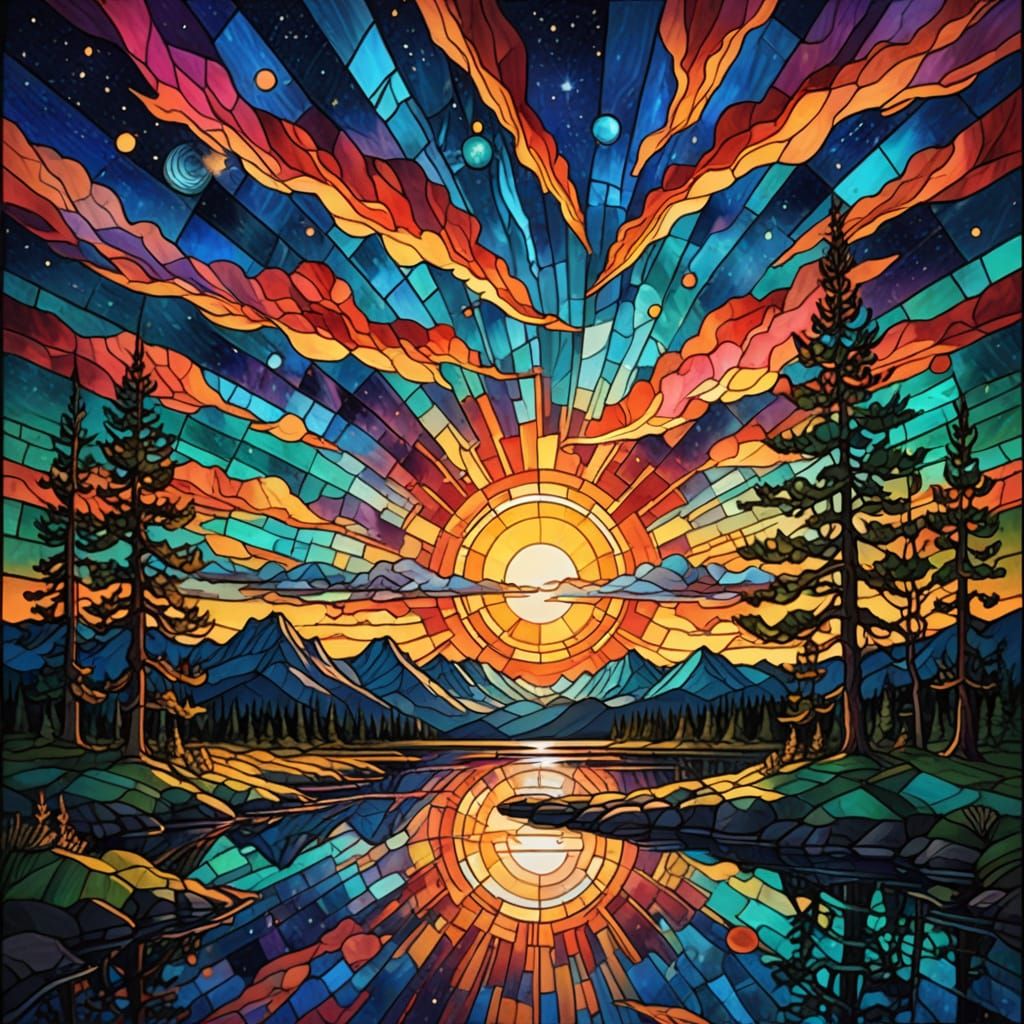 Vibrant Stained-Glass Sunset Transitions to Celestial Northe...