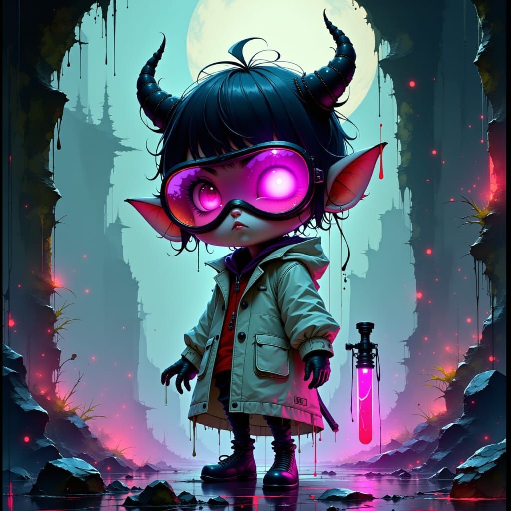Chibi Demon Scientist with Glowing Vials