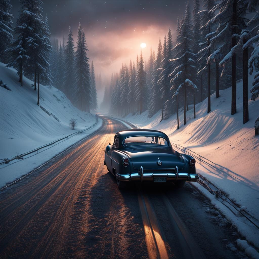 Noir Car Crash on Snowy Winter Road