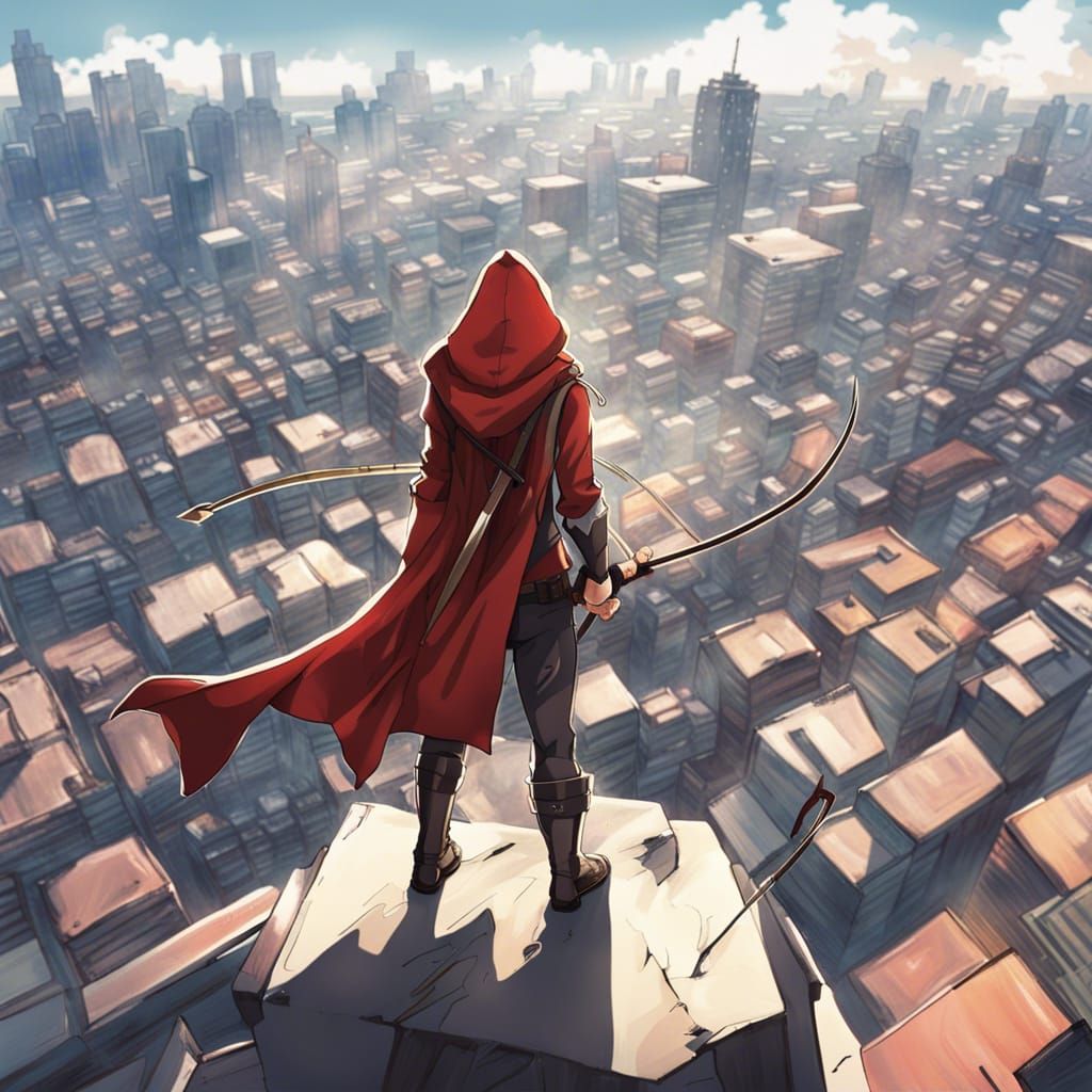 Archer Superhero Overlooking City in Anime Style