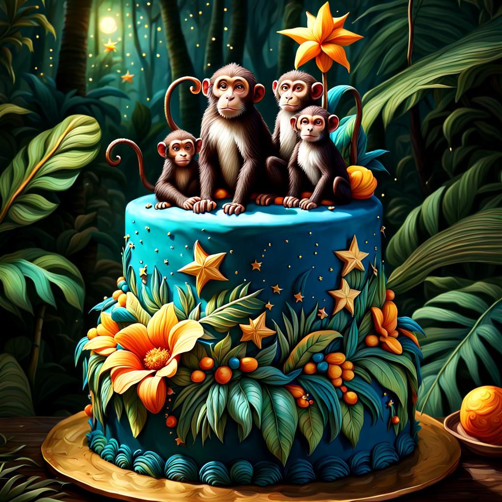 Swinging Monkey's Jungle Scene Happy Birthday Cake