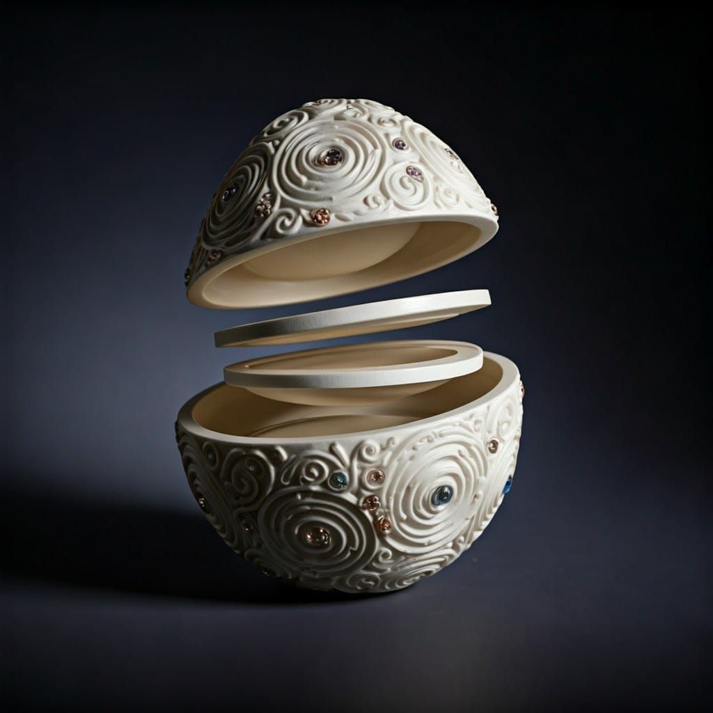 Ethereal Ceramic Egg Sculpture with Swirling Patterns and Je...