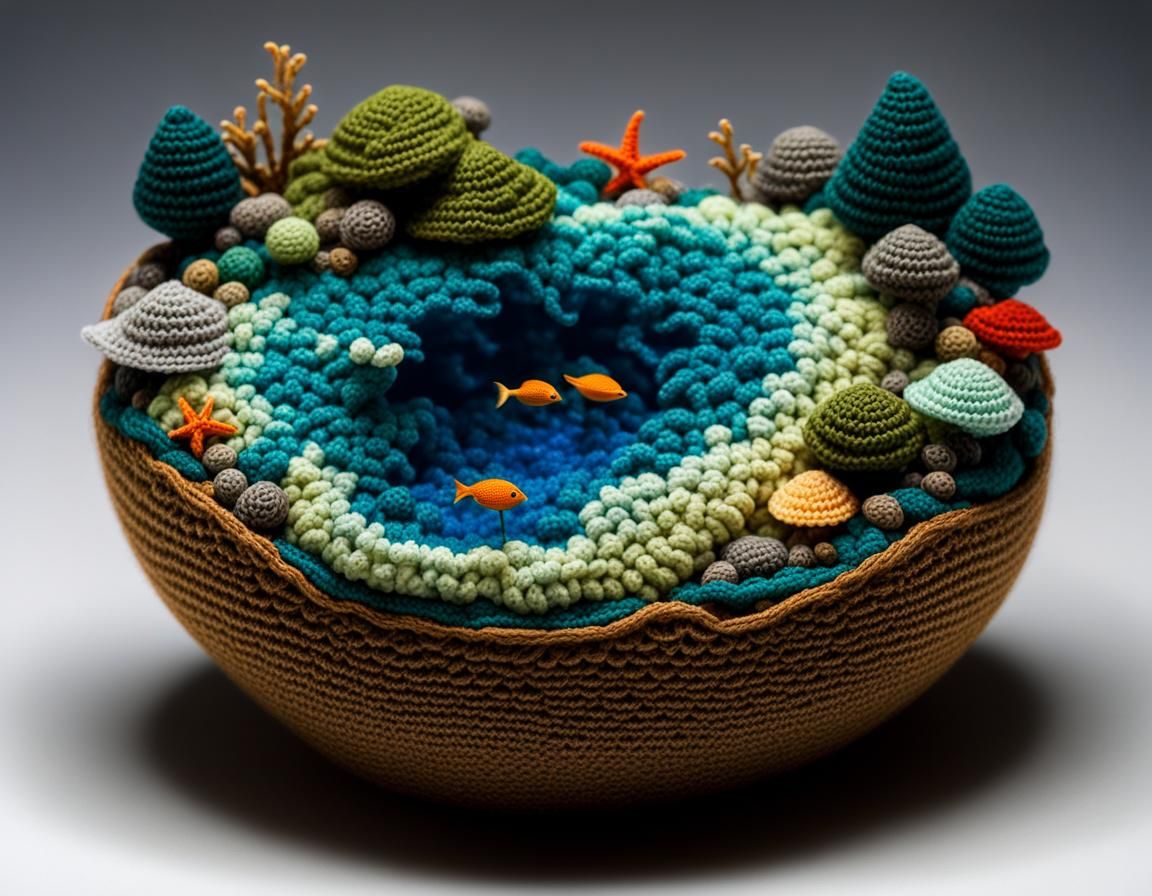 Miniature Crocheted Fantasy Atoll with Glowing Details