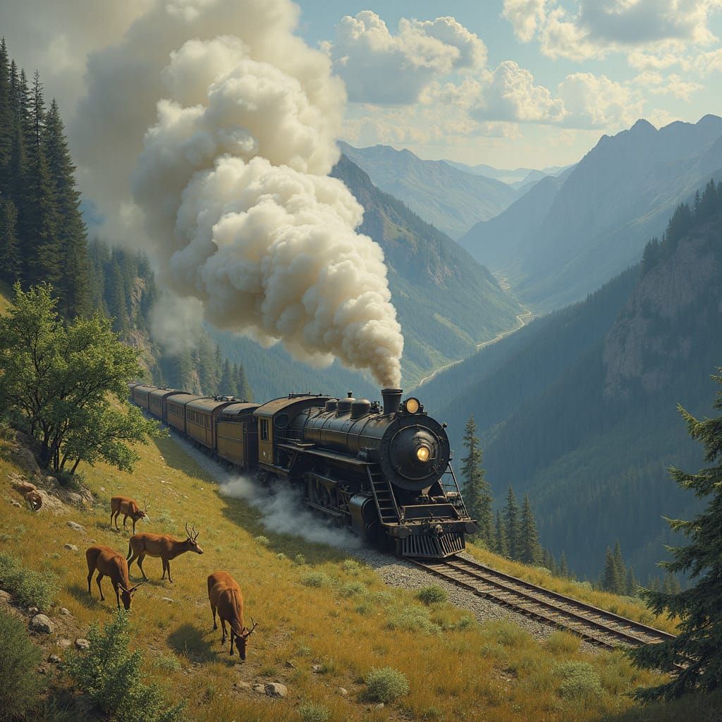 Vintage Steam Train Speeds Through Mountain Valley Landscape