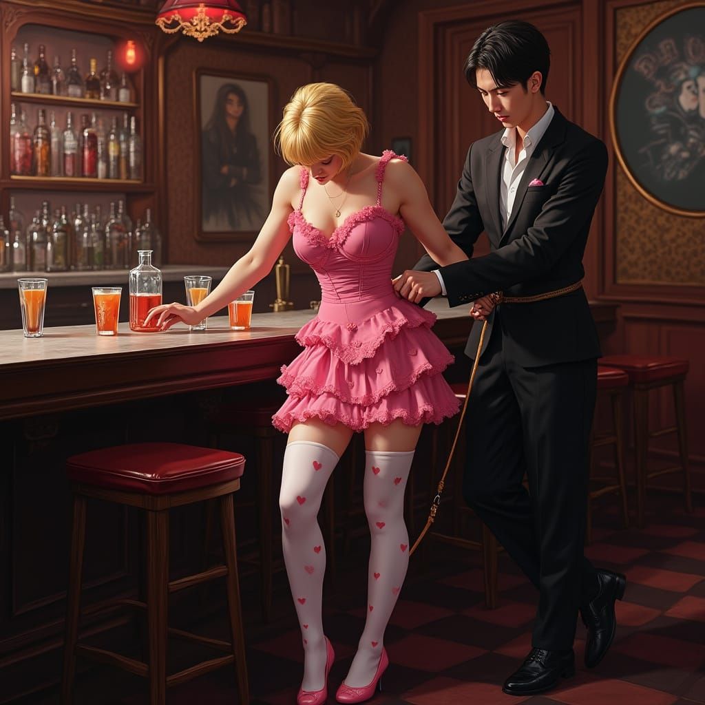 Dominant Figure Leashes Muscular Blonde in Pink Frilly Dress