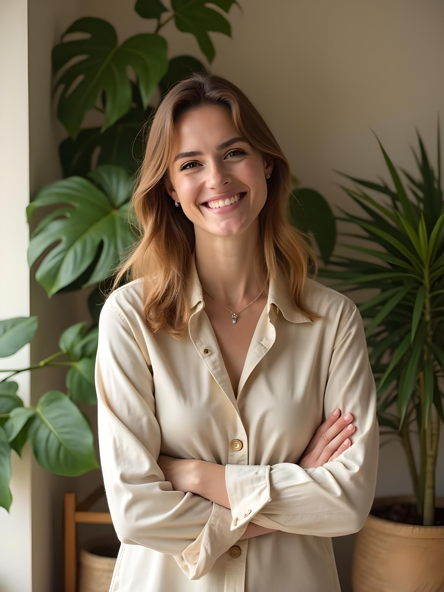 Happy Woman in Cream Tones With Indoor Plants