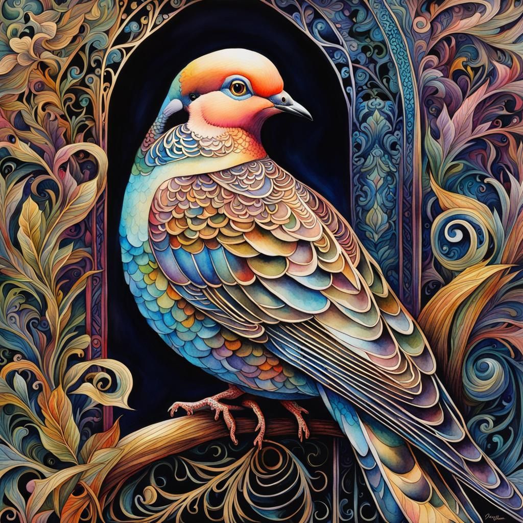 Iridescent Dove in Watercolor with Filigree Details