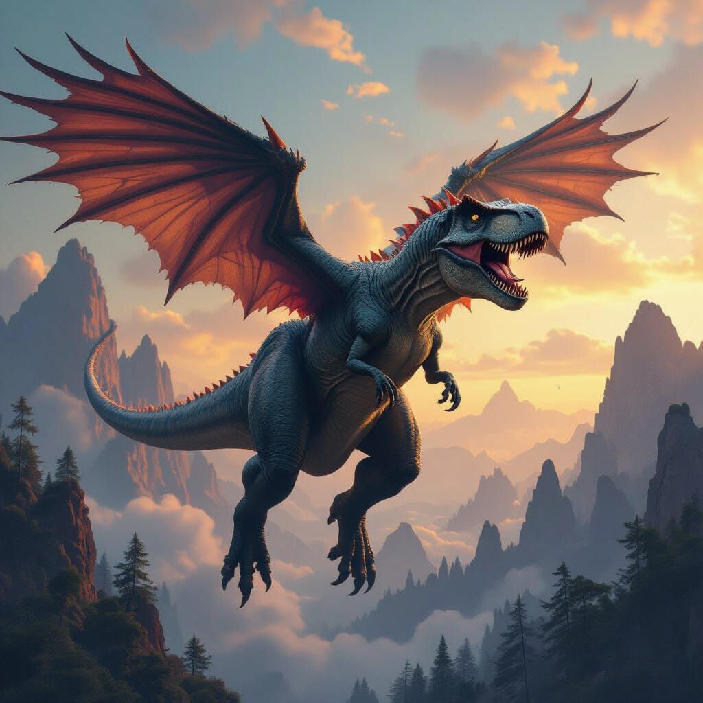 Winged T-Rex Soaring in Mystical Matte Painting