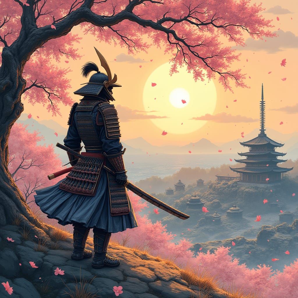 Samurai Overlooking Ruined City in Ink Wash Style