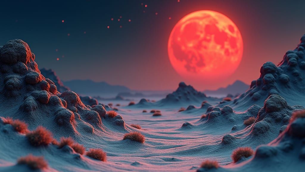 Crimson Moon Over Alien Landscape in Moebius Style