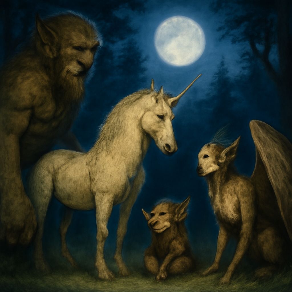 Moonlit Forest Clearing with Fantasy Creatures