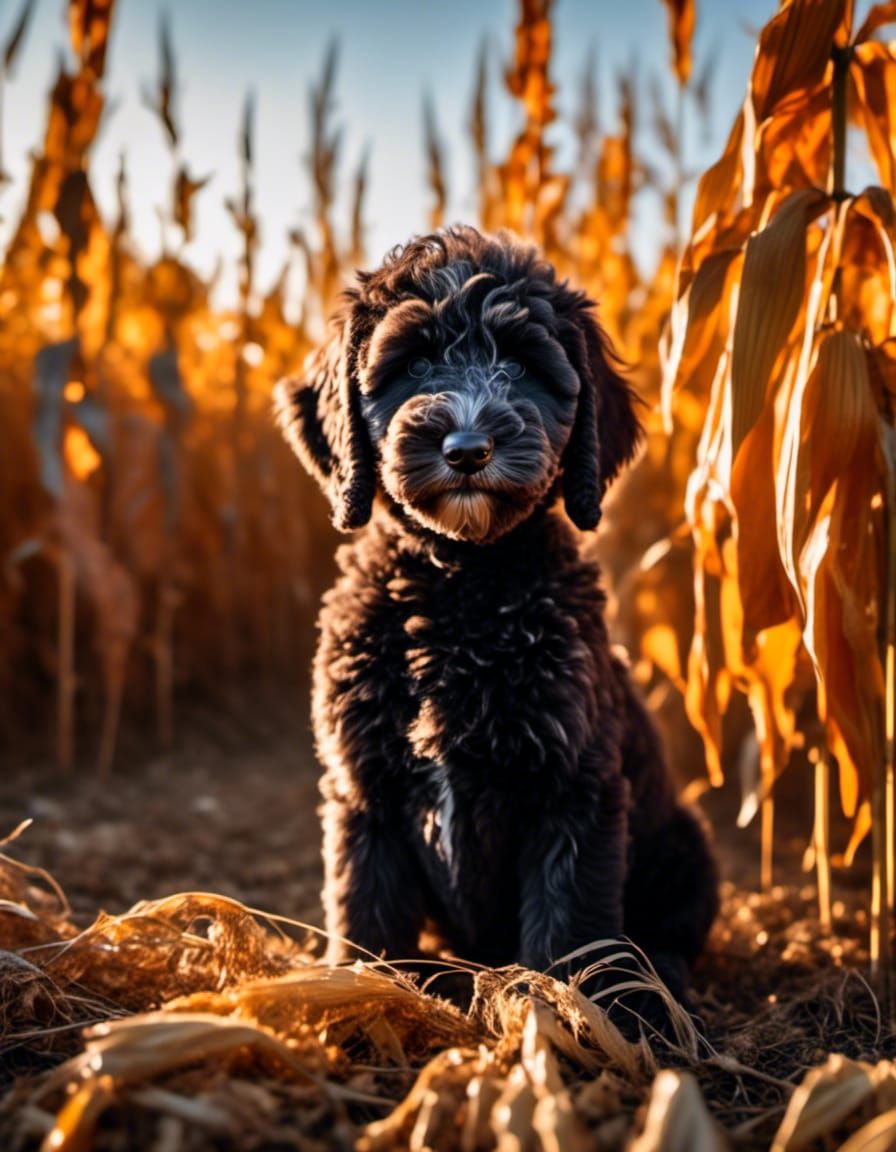 Labradoodle Puppy in Cornfield with Graffiti Elements