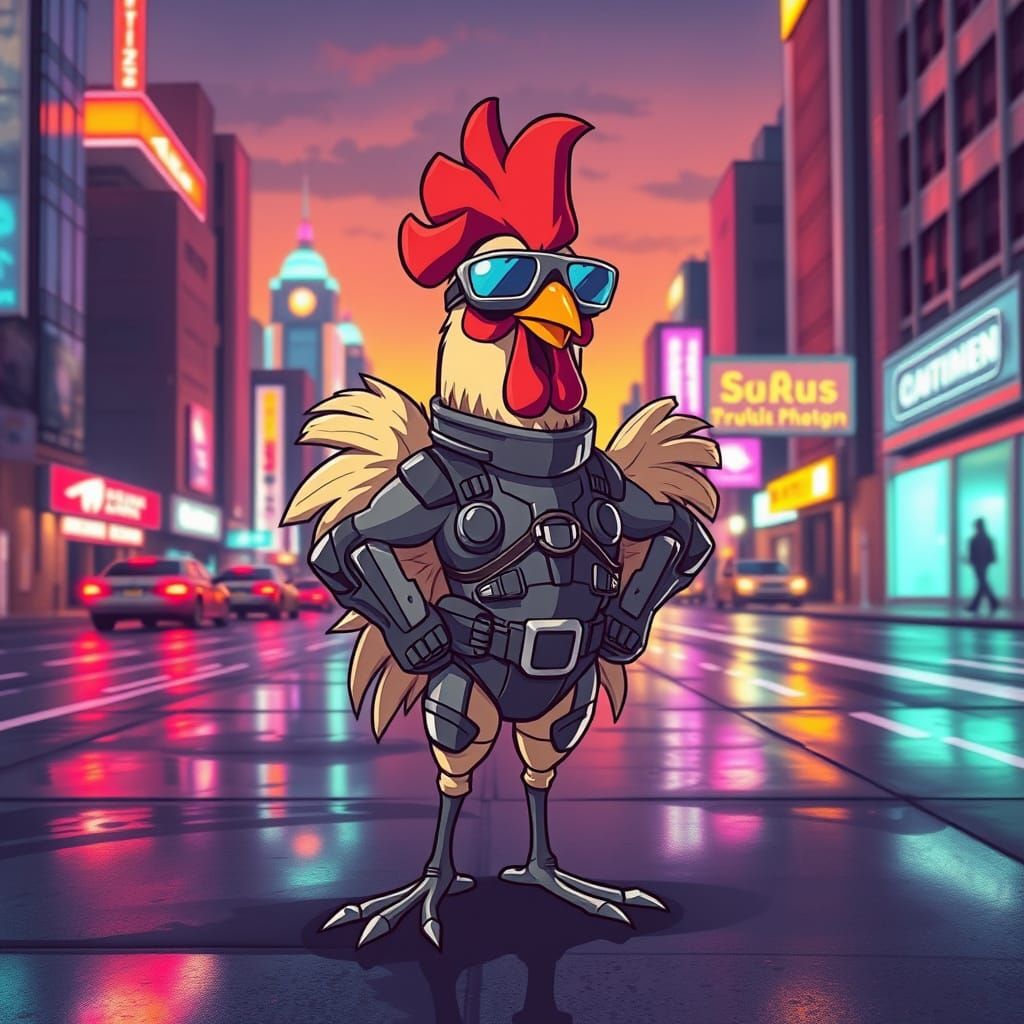 Cyberpunk Chicken Hero in Neon Cityscape