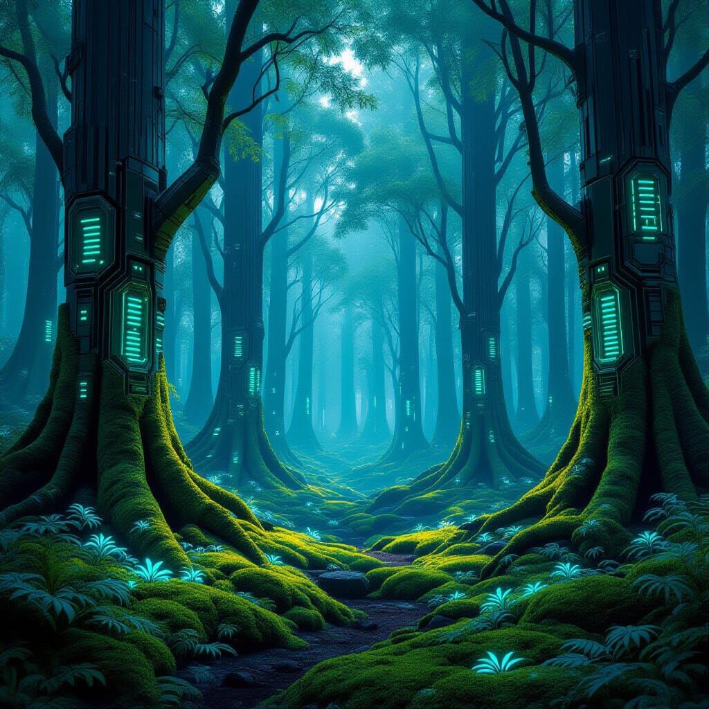 Bioluminescent Cybernetic Forest on Alien Planet