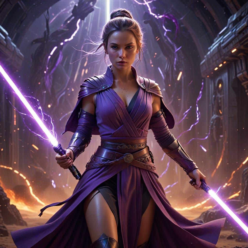 Jedi Master Fights With Two Purple Lightsabers