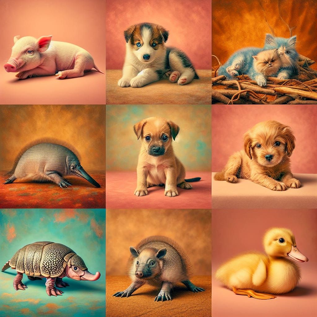 Six Adorable Baby Animals in Still Life