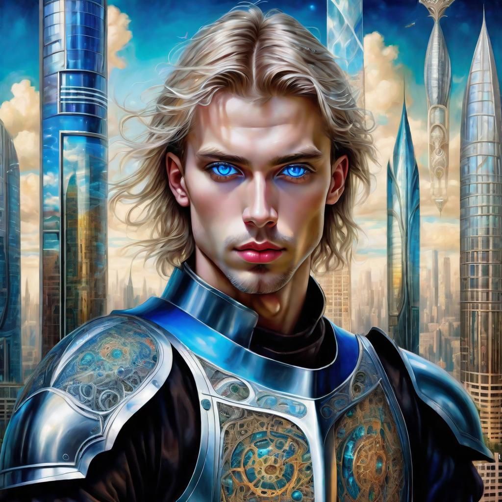 Medieval knight, with sticking blue eyes by... in a futuristic world