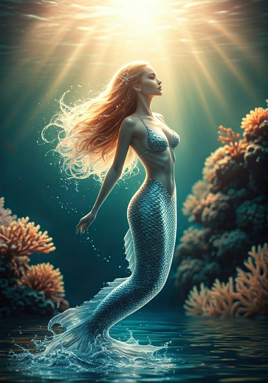 Ethereal Mermaid Formed from Shimmering Water in a Sunlit Oc...