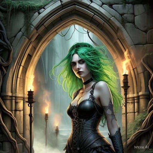 Woman in Gothic Archway with Vibrant Green Hair