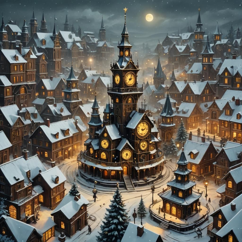 Clockwork Christmas Tree in Snowy Village, Surreal Art