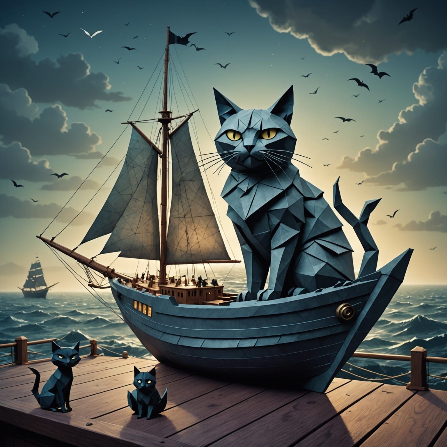 Origami Cat on Ghost Ship, Gilliam & Burton Style