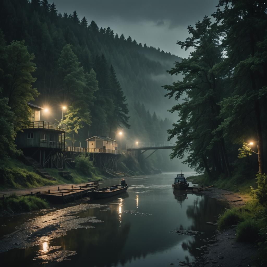Misty River Port at Night: Cinematic Film Still