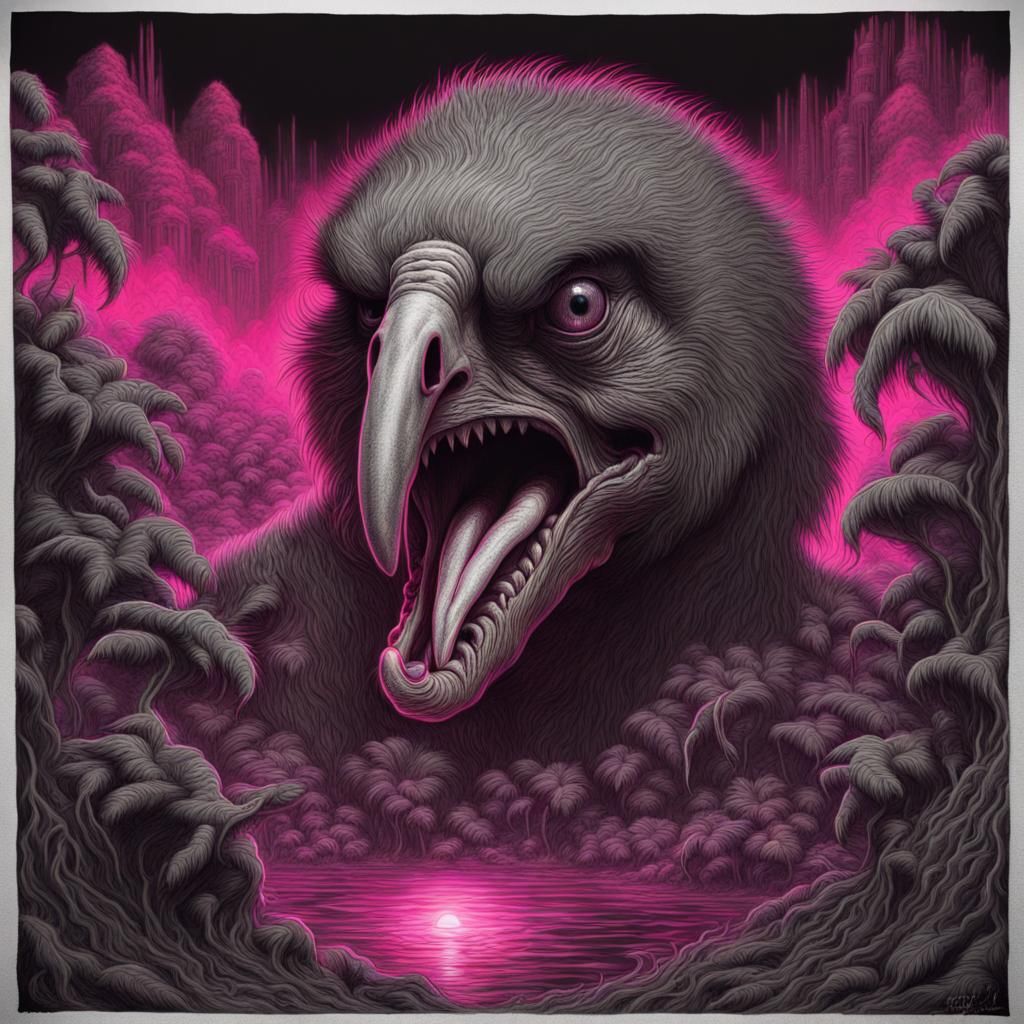 Killer Kiwi Horror in Synthwave Charcoal Style
