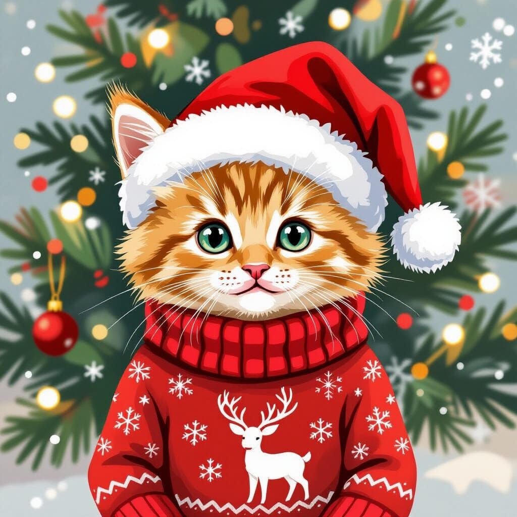 Festive Ginger Kitten in Gouache Style