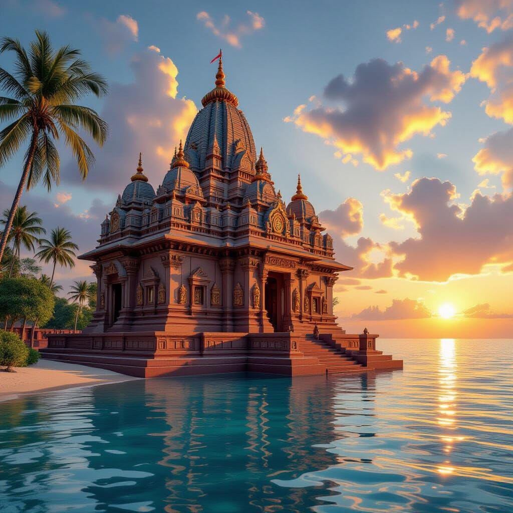 Mystical Akshardham Temple on Polynesian Island at Sunset