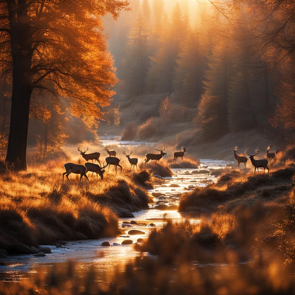 Valley Sunrise with Deer: Realistic Autumn Scene