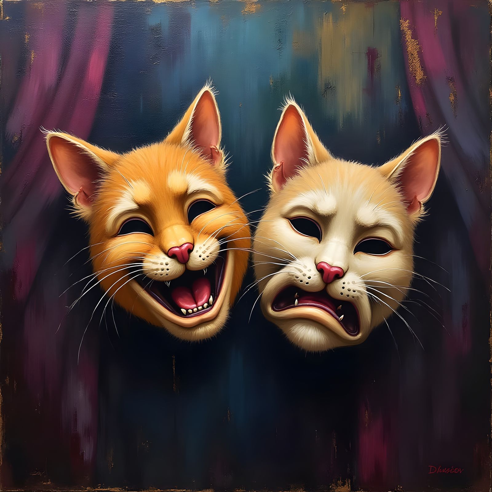 Dramatic Feline Comedy and Tragedy Masks in Oil Painting