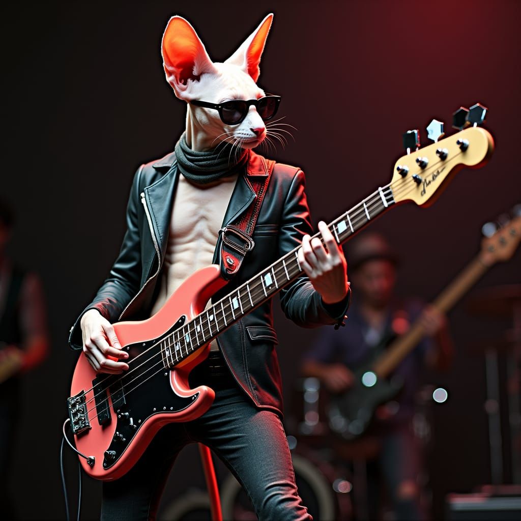 Punk Rocker Cat Playing Bass Guitar