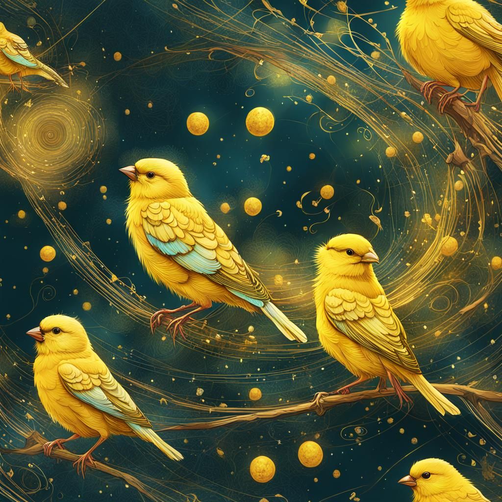 Canaries and Wardrobe in Starry Nebula, Digital Art
