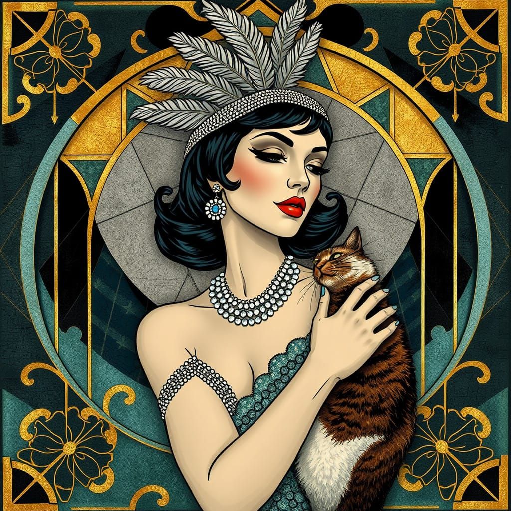 Elegant Woman and Cat in Geometric Art Deco Setting