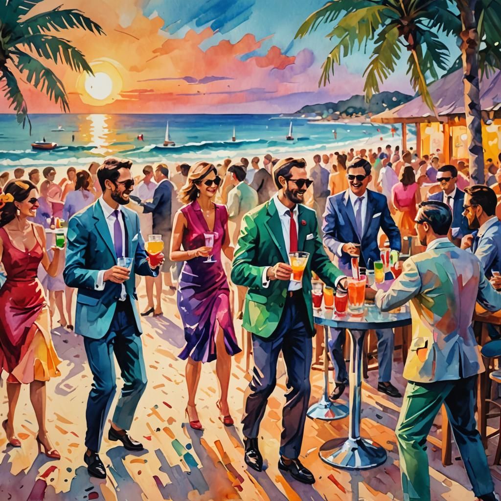 Colorful Beach Cocktail Bar in Gouache Style