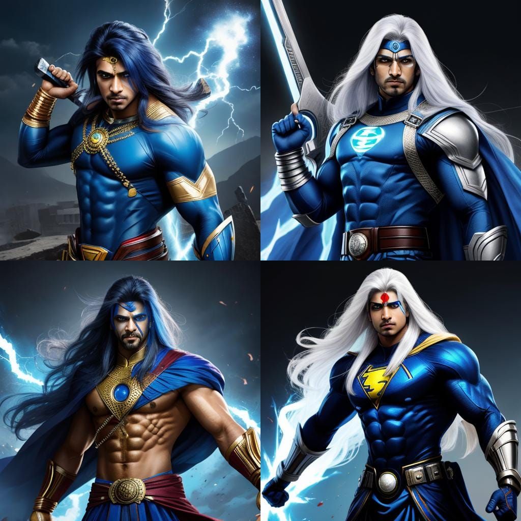 Indian Superhero with Three Faces Wielding Thunder