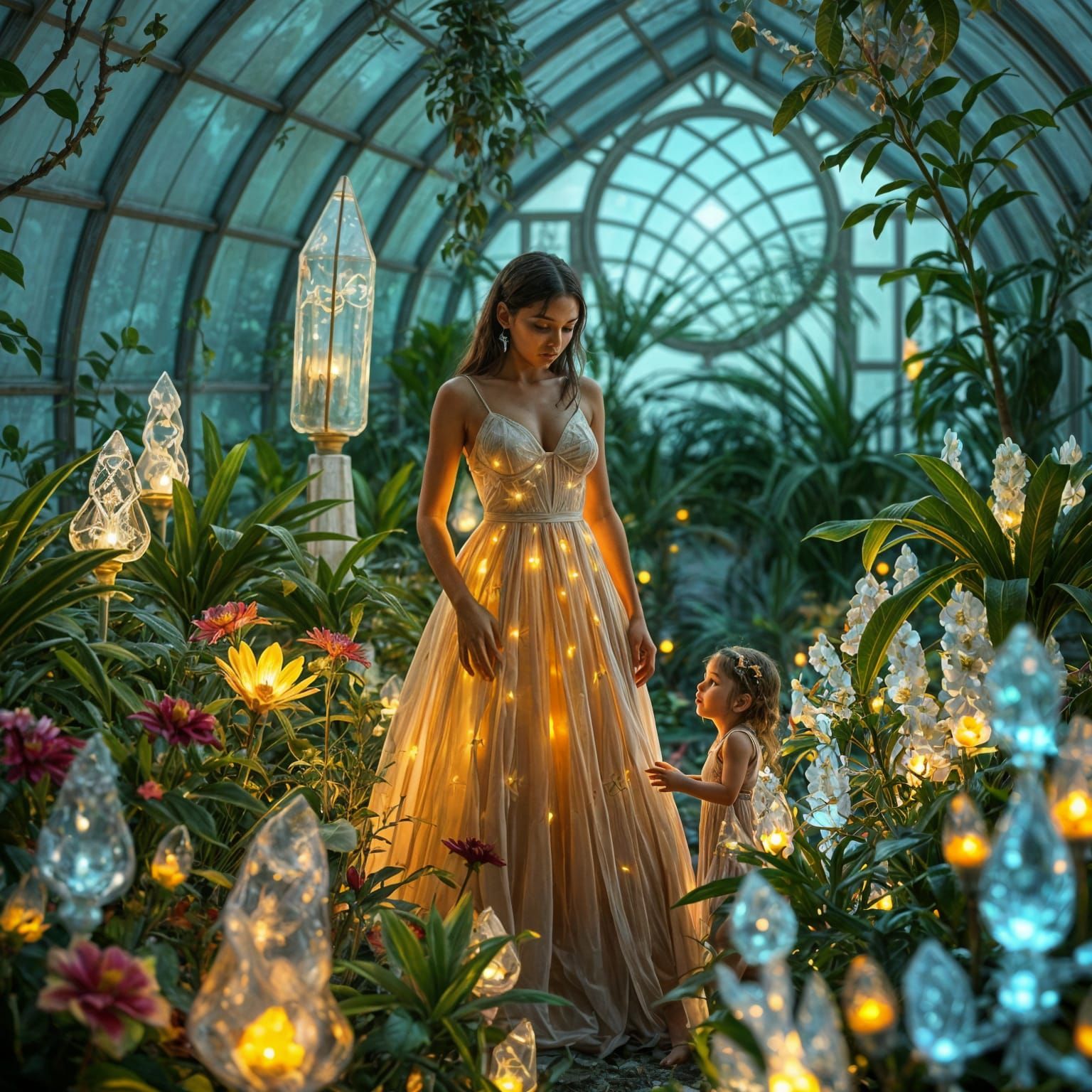 imagine a solarpunk mother gently tending to a bioluminescent garden with her children, in a futuristic greenhouse power...