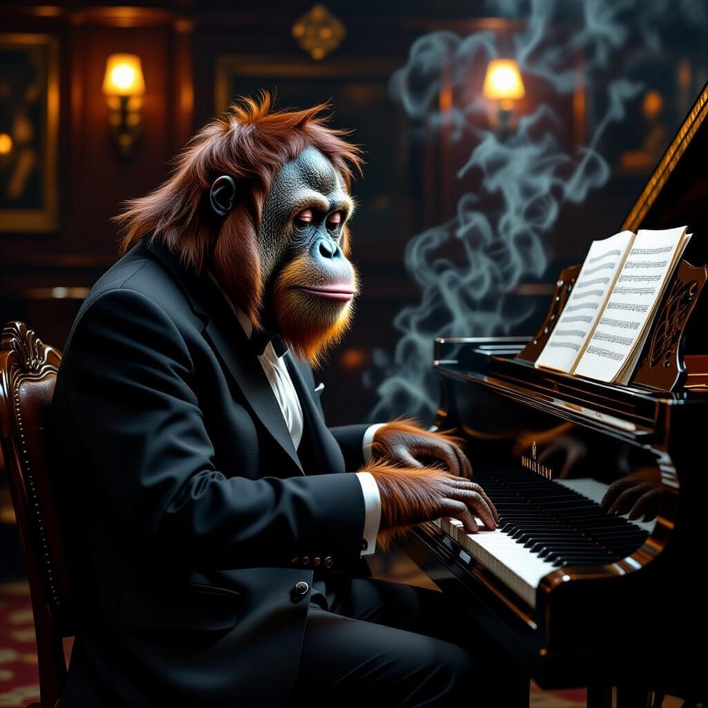 Orangutan Pianist in Jazz Club, Photorealistic Style